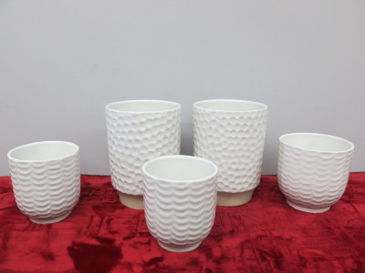 Set of 5 White Ceramic Plant Pots/Vases with Ripple & Dimple Effect. Size 2 x H18 & 3 x H12cm.