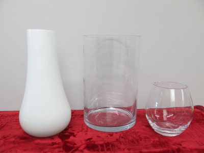 3 x Assorted Large Glass Vases/Flower Pots to Include: 1 x White Glazed, 1 x Straight Round & 1 x Sphere. Sizes H41, H40 & H20cm.