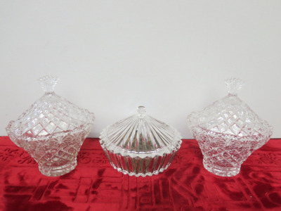 3 x Potpurri Decorative Pots with Lids to Include: 2 x Cut Glass Crystal (H20cm) & 1 x Plastic (H11cm).