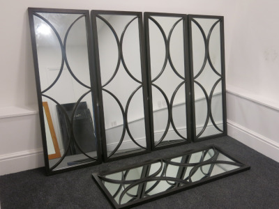 Set of 5 Black Heavy Wood Pattern Frame Mirrors. Size 110 x 40cm.