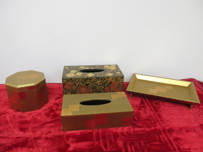 Set of 4 x One World Wooden Items with Gold Leaf Patterns to Include: 2 x Tissue Boxes, 1 x Octogen Pot with Lid & 1 x Tray.