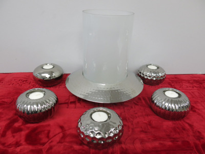 Set of 6 x Assorted Candle Holders to Include: 5 x Small Ceramic Candle Holders & 1 x Fink Metal Aruna Base & Glass Candle Surround.