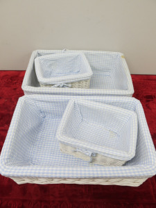 Set of 4 x White Wicker & Blue Pattern Lining Baskets.