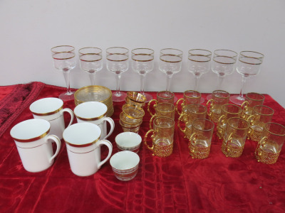 Assortment of Glassware & Tea Sets to Include: 8 x Etched Wine Crystal Glasses with Gold Trim, 12 x Glass with Gold Detail Cup & Saucers, 6 x Cut Glass Cups, 2 x China Hand Painted Cups & 4 x Noritake Fine China Majestic Mugs.