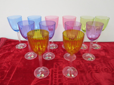 Set of 12 x Bohemia Crystal Coloured Glass Wine Glasses.