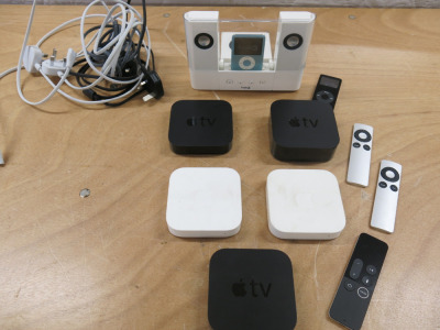 5 x Apple TV's with 3 x Remoted, 2 x iPod's & Logic 3 Speaker. Comes with Leads (As Viewed).