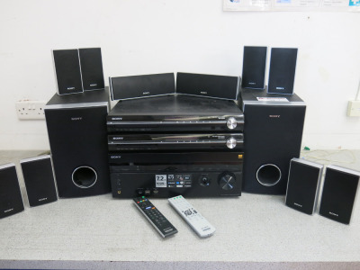 Sony Surround Sound System to Include: Multi Channel AV Receiver STR-DN1050 with Remote (Missing Knob), 2 x DVD Home Theatre Systems DAV-DZ230 with Remotes, 8 x SS-TS71 Speakers, 2 x SS-CT71 Speakers & 2 x SS-WS71 Speakers.