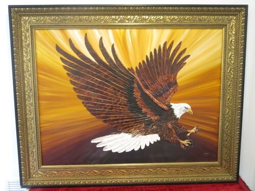 Guilt Framed, Cavnas Artwork of Golden Eagle at Sunset, Signed by Artist (Unknown) Size 97 x 122cm.