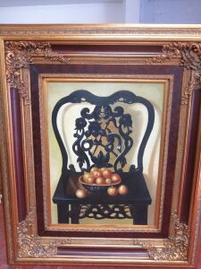 Large Guilt Framed, Canvas Artwork of Black Chair with Apples. Size 170 x 145cm.