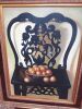 Large Guilt Framed, Canvas Artwork of Black Chair with Apples. Size 170 x 145cm. - 2
