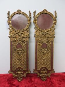 Pair of Gold & Red Decroative Wall Hangings in Wood & Fibre Glass. Size H100 x W34cm.