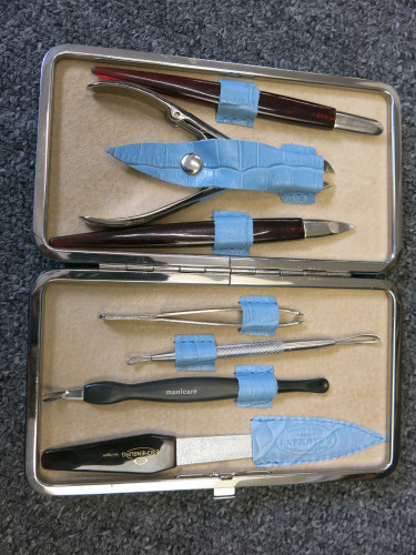 F.Hammann 7 Piece Nail Manicure Set in Blue Crocodile Leather.