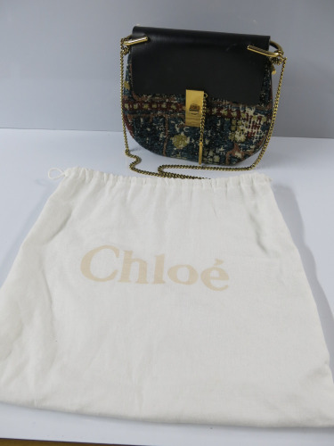 Chloe Drew Shoulder Bag in Black Leather with Material Flap & Gold Coloured Detail & Chain. Comes with Dustcover.