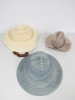 3 x Assorted Ladies Hat to Include: Straw Hat with Tortoise Shell Style Strap, Blue Weave Hat with Face & Wool Hat.