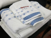 4 x Vossen Bath Towels & 3 x Hand Towels in White with Blue Pattern.