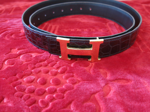 Hermes Black Leather Belt with Gold Buckle, 133cm.