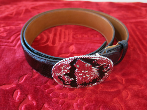 Billionaire Black Leather Belt with Silvered Wolfes Head. 115cm.