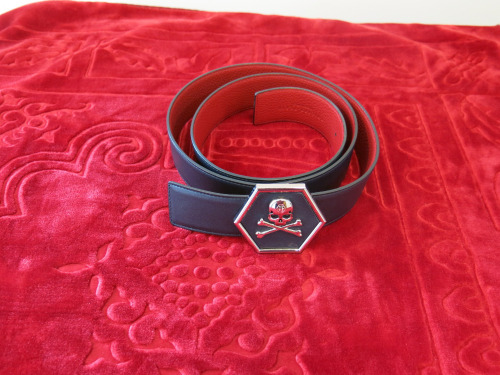 Philip Plein Black Leather Belt with Skull & Cross Bones Buckle. 125cm.