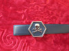 Philip Plein Black Leather Belt with Skull & Cross Bones Buckle. 125cm. - 2