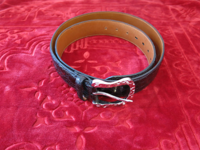 Billionaire Black Leather Belt with Silvered Buckle. 120cm.