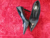 Pair of Louis Vuitton Black ladies High Heels with Gold V Motif. Size 38 1/2. Lightly Worn. - 3