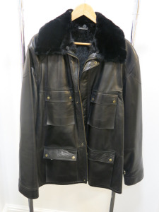 Lanvin Paris Black Soft Leather Gentleman's Coat with Rabbit Skin Lining and Beaver Fur Collar, Size 56.