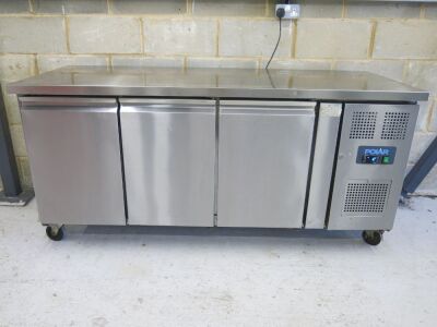 Polar Stainless Steel Triple Door Counter Fridge, Model G597, S/N 20102854. Size H85 x W180 x D70cm. NOTE: condition of doors (As Viewed).