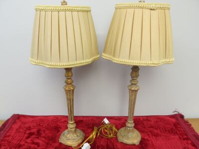 Pair of Cast Metal Brassed Effect Table Lamps with Pleated Shades. H74cm.