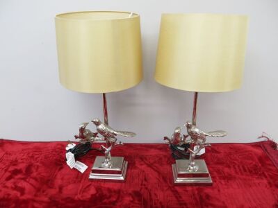 Pair of Silvered Table Lamps with Bird Detail & Biege Shades. H54cm.