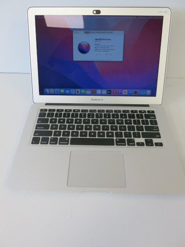 Apple 13.3" MacBook Air Model A1466 Running macOS Monterey 12.3, 1.8Ghz Dual Core Intel Core i5, 8GB Memory, 121GB Flash Storage, Intel HD Graphics 6000 1536 MB, Comes with Power Supply.