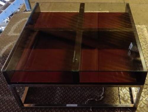 Glass Topped Wooden Table on Metal Frame. Size (W) 90cm x (D) 90cm x (H) 43cm.