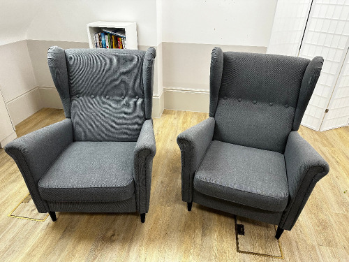 2 x Grey Fabric Fully Manual Reclining High Back Armchairs.