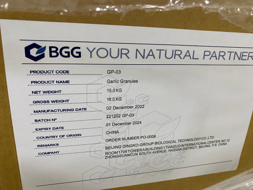 Pallet Containing 72 x 15kg Boxes of Garlic Granules Batch Number 2210202 GP-03. Manufactured in China December 2022 - Re-Test Date December 2024.