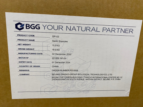 Pallet Containing 45 x 15kg Boxes of Garlic Granules Batch Number 2210202 GP-03. Manufactured in China December 2022 - Re-Test Date December 2024.