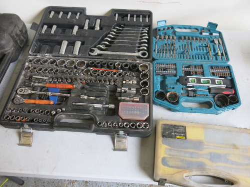 3 x Cases Containing Makita Drill & Screw Bit Set (Incomplete), Home Base Chisel Set & Halfords Socket & Spanner Set (Incomplete) (As Viewed/Pictured).
