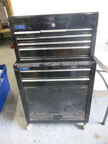 SGS Mobile Tool Chest with 8 Draws, Lift Up Lid and Cupboard Under to Include: Assorted Tools (As Viewed/Pictured).