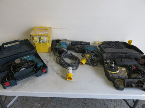 5 x Assorted Tools to Include: Black & Decker BD163V Drill, 240v, with Attachments in Stanley Carry Case, Makita Hammer Drill, Model HR2020, 110v, Makita Demolition Hammer Drill, Model HM0810T, 110v, Caroll & Meynell 110v Transformer & Makita FS2500 Tek S