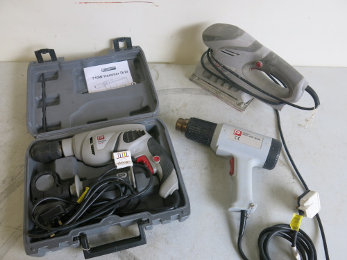 3 x Performance 240v Tools to Include: 1/3 Sheet Sander PSS180, 710w Hammer Drill PHD710A in Case & 1600W Hot Air Gun.