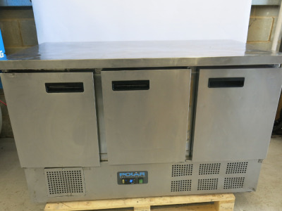 Polar Stainless Steel Triple Door Counter Fridge, Model G622, S/N 6185971. Size H86 x W137 x D70cm.