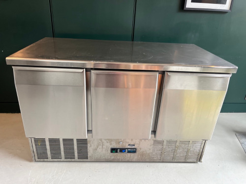 Blizzard Stainless Steel 3 Door Refrigerated Prep Counter, Model BCC3-ECO S/N 1721160039. Size H88 x W137 x D70cm.