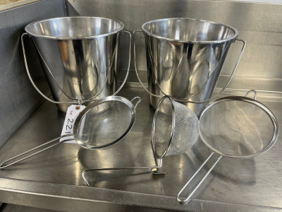 2 x Stainless Steel Buckets & 3 x Assorted Sized Wire Sieves.