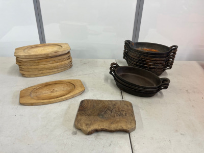 11 x Cast Iron Serving Dishes with 9 x Judge Sizzle Serve Wooden Trays.