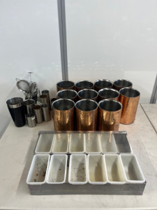 Assorted Bar Accessories to Include: 11 x Bronze Colour Wine Coolers, 2 x Bar & Quantity of Measures etc (As Viewed/Pictured).