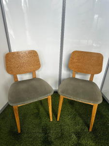 37 x Oak Effect Frame Dining Chairs with Light Green Upholstered Fabric Seat.