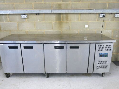 Polar Stainless Steel 4 Door Counter Fridge, Model G598, S/N 6174891. Size H85 x W223 x D70cm.