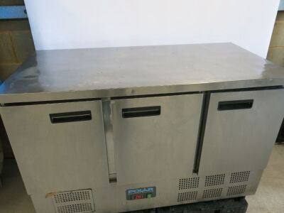 Polar Stainless Steel Triple Door Counter Fridge, Model G622, S/N 6185970. Size H86 x W137 x D70cm.