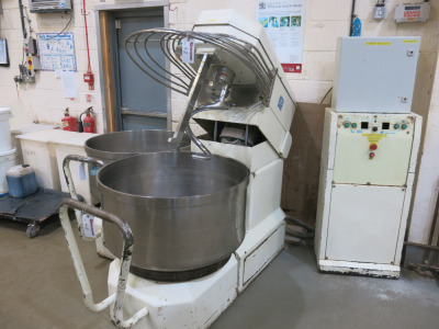 Franco Berto SA160 200kg Planetary Spiral Mixer with Dough Hook Fitted. Comes with 2 Large Mixing Bowls on Handling Frames & Control Panel. NOTE: no plates visible.