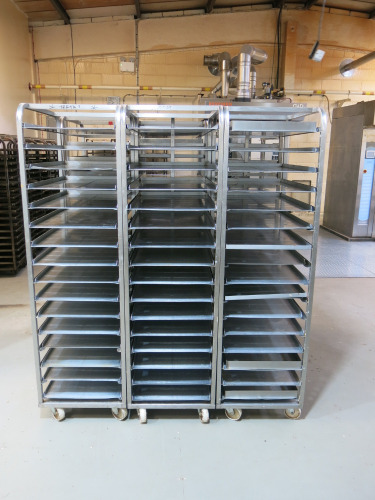 6 x Stainless Steel 18 Shelf Mobile Oven Racks with 108 x Trays.