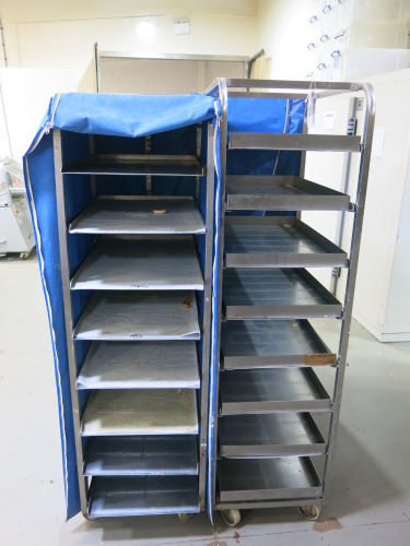 4 x Stainless Steel Mobile Oven Racks to Include: 3 x 10 Shelf & 1 x 8 Shelf with 34 x Trays & 3 x Covers.