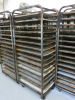 8 x Metal Mobile 16 Rack Trolleys with Back Bars. Comes with 128 Trays. Size H178 x W52 x D77cm. - 2